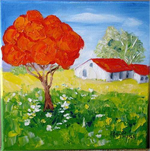 Lovely Original Oil Painting by Mary Papas: Cottage with Red Apple tree